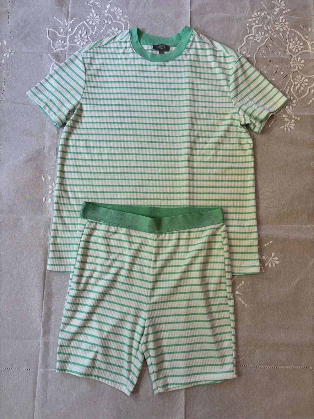 LOFT 2 Piece Bike Short Pajama Set Green Striped Ribbed Jersey Knit Lounge Wear